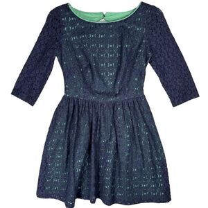 Lilly Pulitzer Alicia Blue Green Lace Mini Dress Size 00 Cut Out Back 3/4 Sleeve